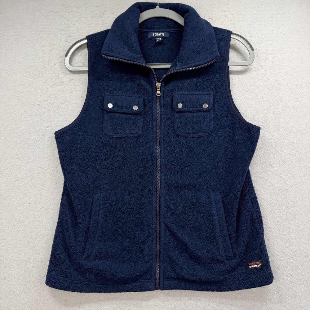 CHAPS SPORT Sleeveless Vest Womens Petite M Navy Blue Full Zip Fleece Pockets‎